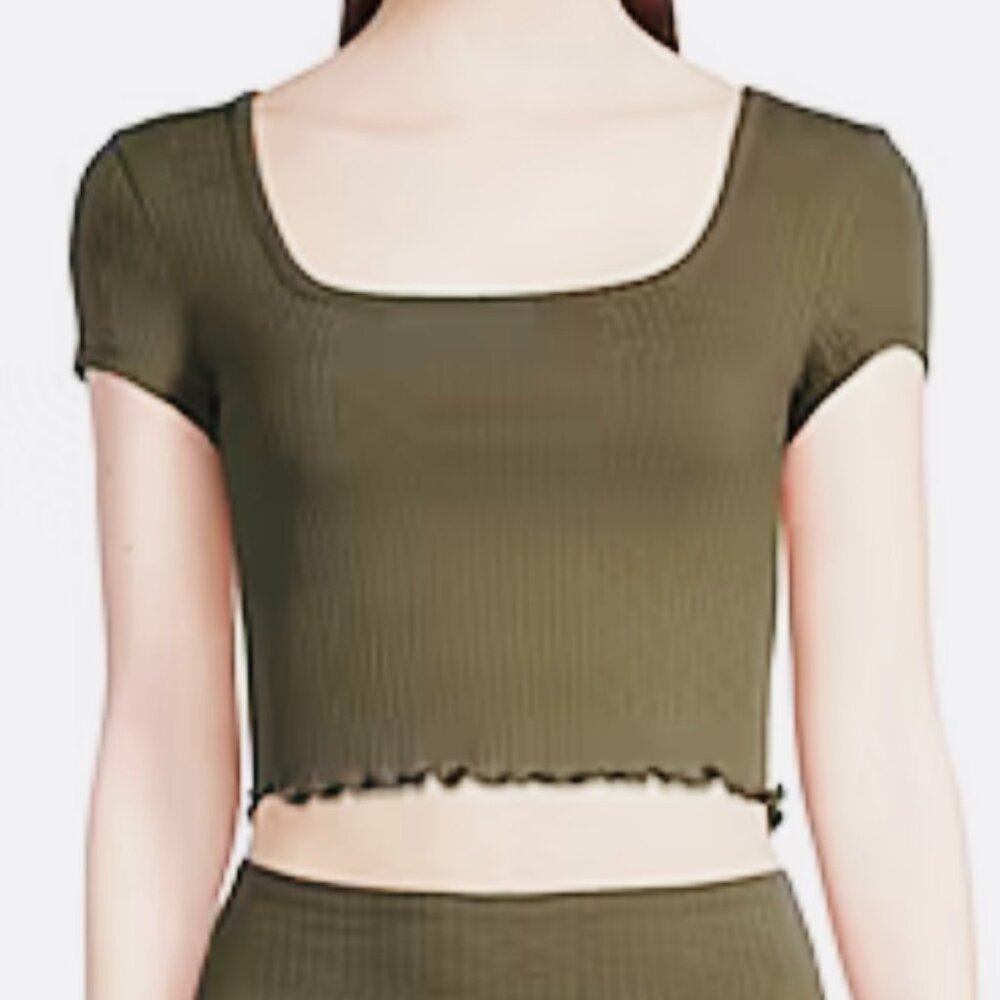 NEW! Arizona Jean Ribbed Crop Top Juniors XXL Olive Green. Short Sleeve Square N
